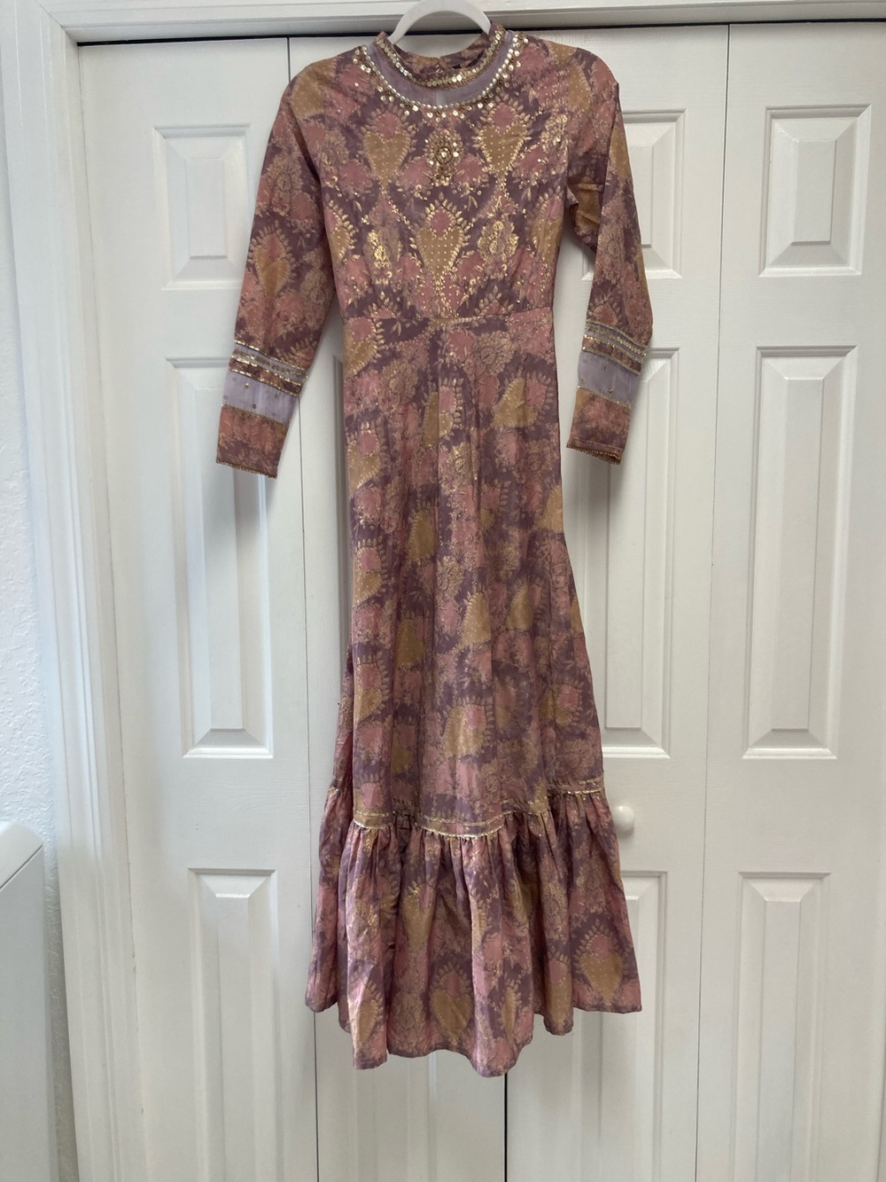Elegant Rose-Gold Maxi Dress with Beaded Neckline